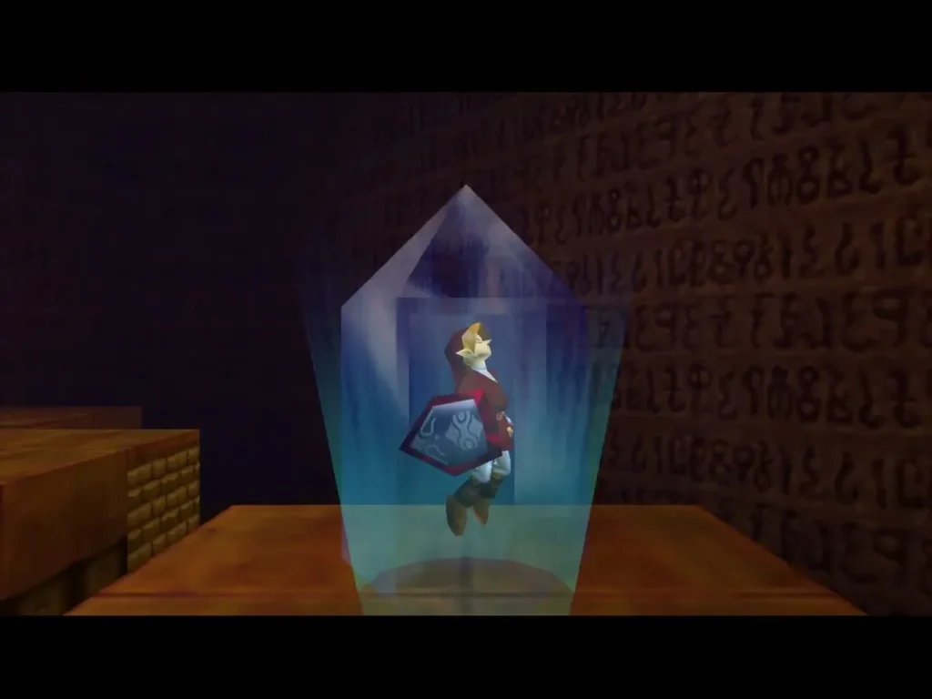 Link floating inside a blue light beam in the Spirit Temple Link floating inside a blue light beam in the Spirit Temple