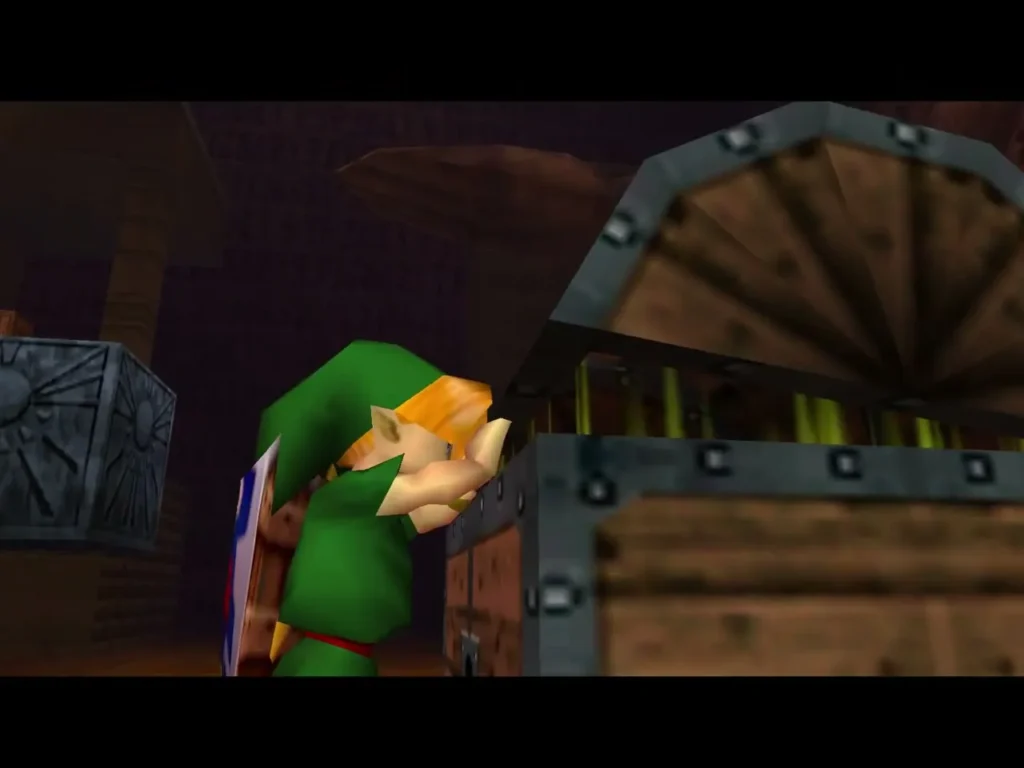 Link opening the large wooden chest in the statue room Link opening the large wooden chest in the statue room