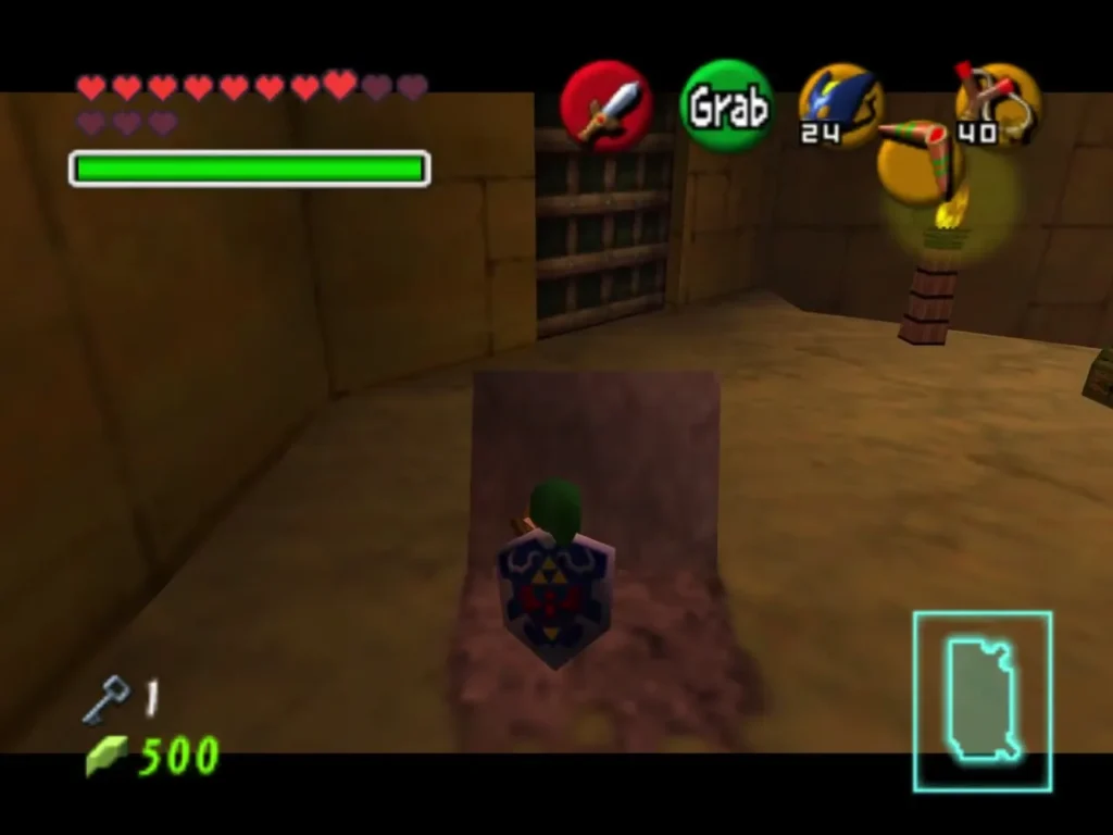 Link pushing against a gravestone in the room with Keese Link pushing against a gravestone in the room with Keese