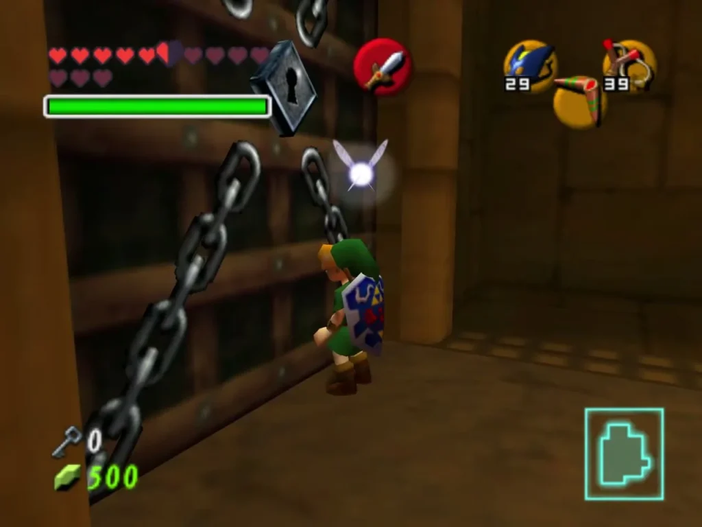 Child Link beside a locked door with chains and a keyhole Child Link beside a locked door with chains and a keyhole