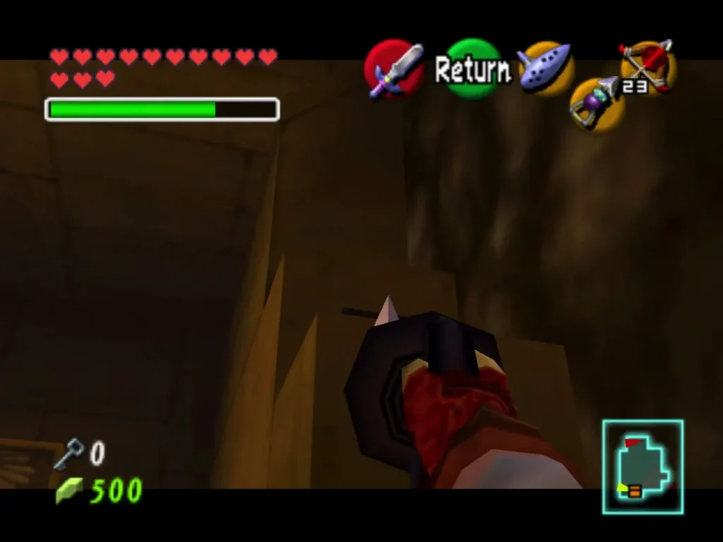 Adult Link aiming the Longshot at a stone wall in the Spirit Temple Adult Link aiming the Longshot at a stone wall in the Spirit Temple