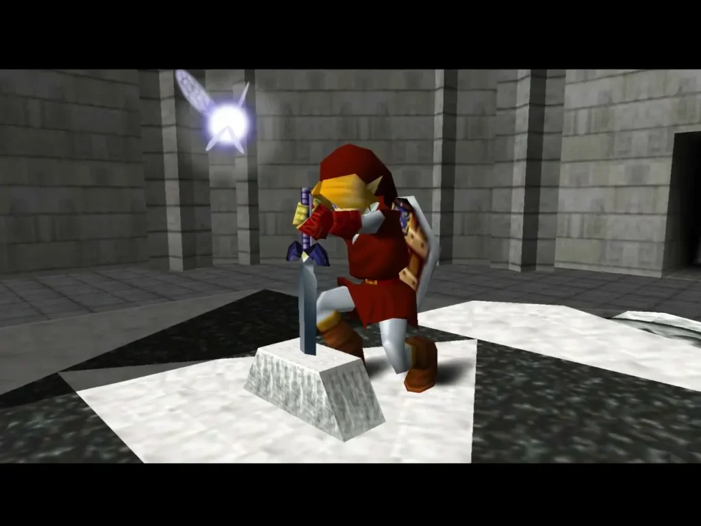 Link kneeling at the Master Sword pedestal in the Temple of Time Link kneeling at the Master Sword pedestal in the Temple of Time