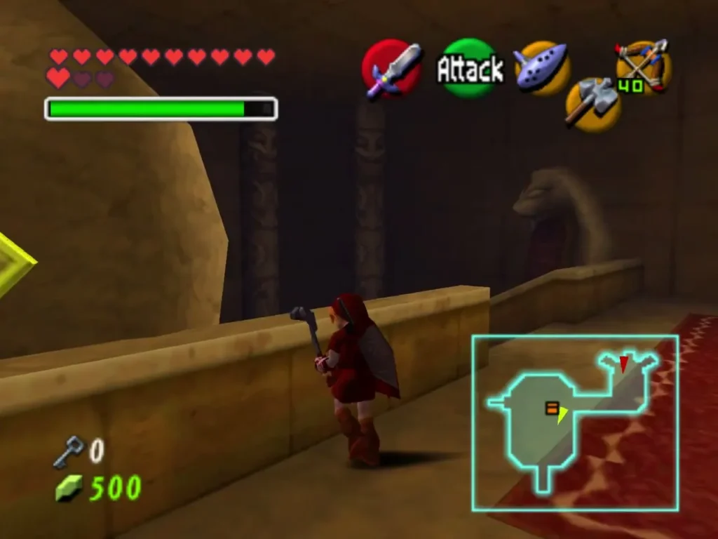 Adult Link carrying the Megaton Hammer along a walkway beside a snake statue Adult Link carrying the Megaton Hammer along a walkway beside a snake statue