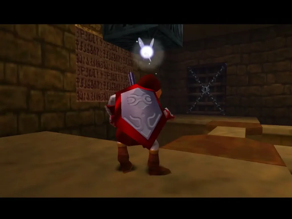Adult Link with the Mirror Shield in a stone hall of the Spirit Temple Adult Link with the Mirror Shield in a stone hall of the Spirit Temple