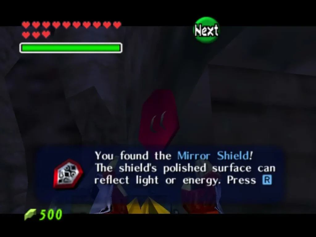 The Mirror Shield item box, saying the shield can reflect light or energy The Mirror Shield item box, saying the shield can reflect light or energy