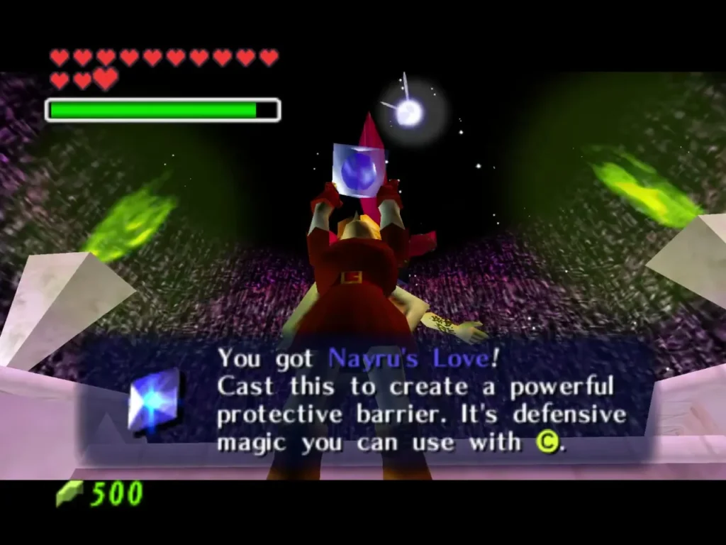 Link holding up Nayru's Love with the full item message box Link holding up Nayru's Love with the full item message box