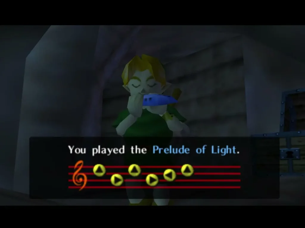 Child Link playing the Prelude of Light on the ocarina in the Spirit Temple Child Link playing the Prelude of Light on the ocarina in the Spirit Temple