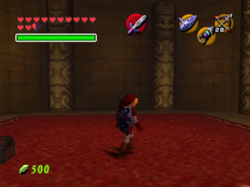 Adult Link walking across the red carpet of the Spirit Temple entry hall Adult Link walking across the red carpet of the Spirit Temple entry hall