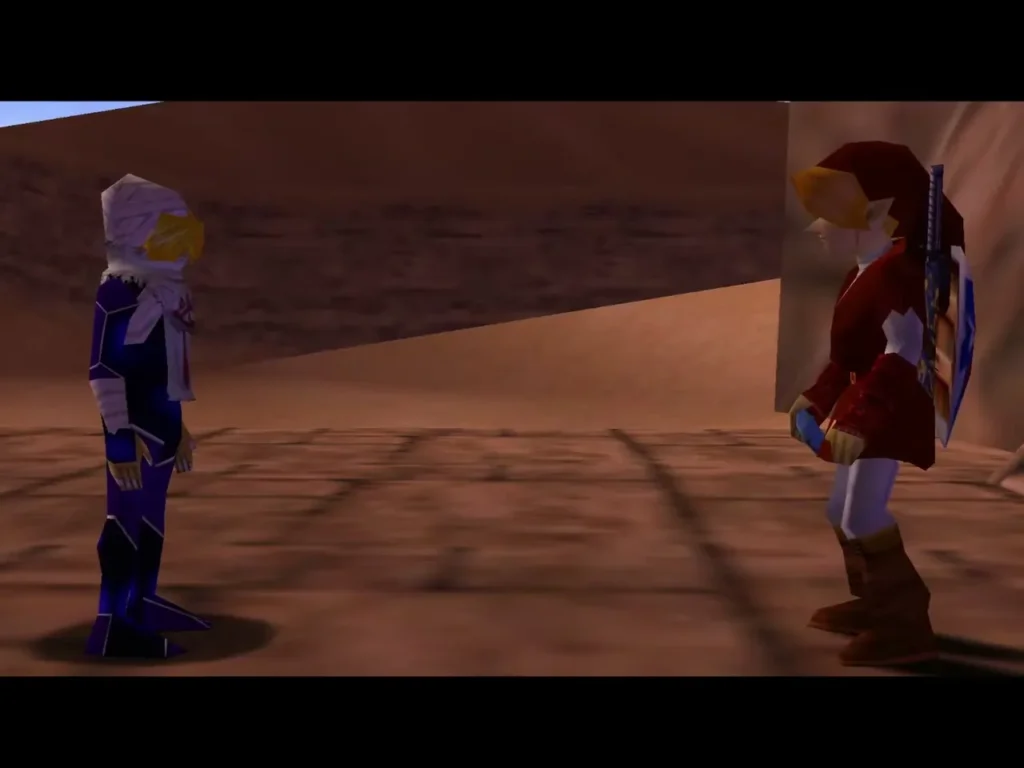 Sheik and adult Link facing each other on the desert sand Sheik and adult Link facing each other on the desert sand