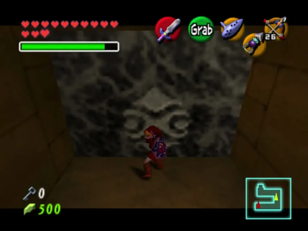 Adult Link facing the large stone face block he will push with the Silver Gauntlets Adult Link facing the large stone face block he will push with the Silver Gauntlets