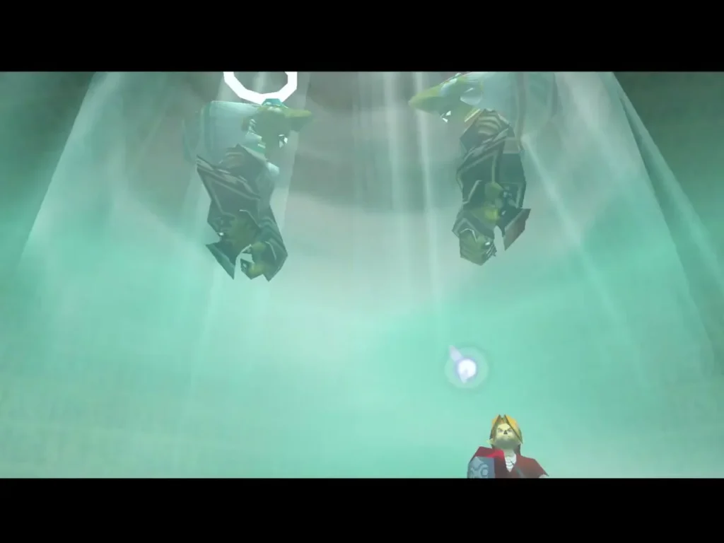 Link watches two witch sisters float away in a glowing light Link watches two witch sisters float away in a glowing light