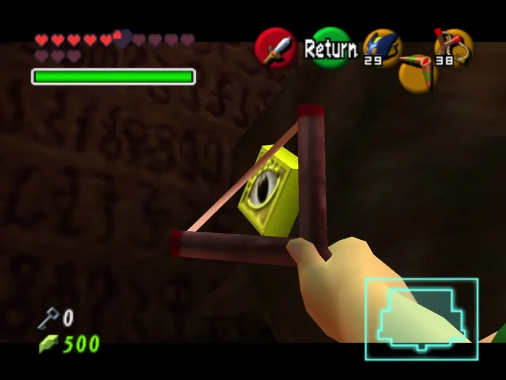 Link aiming the Slingshot at a yellow eye switch on the carved wall Link aiming the Slingshot at a yellow eye switch on the carved wall