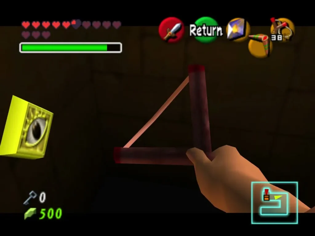 Link drawing the Slingshot on a yellow eye switch in the dark pit Link drawing the Slingshot on a yellow eye switch in the dark pit