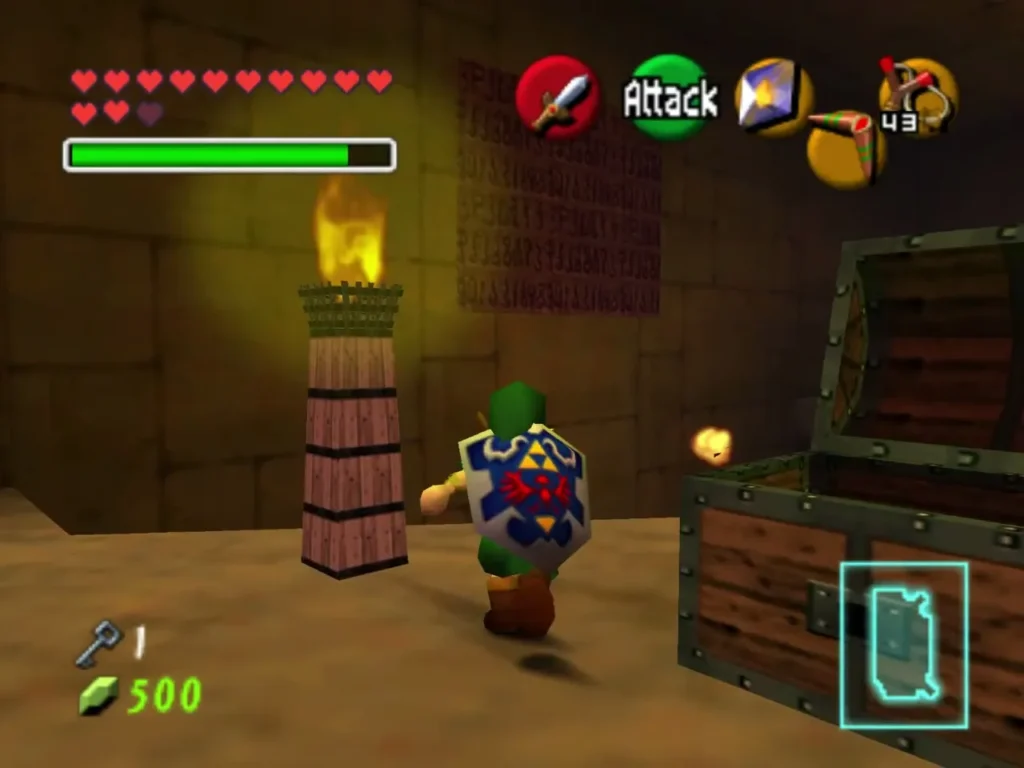Link beside an opened small chest in the Spirit Temple room Link beside an opened small chest in the Spirit Temple room