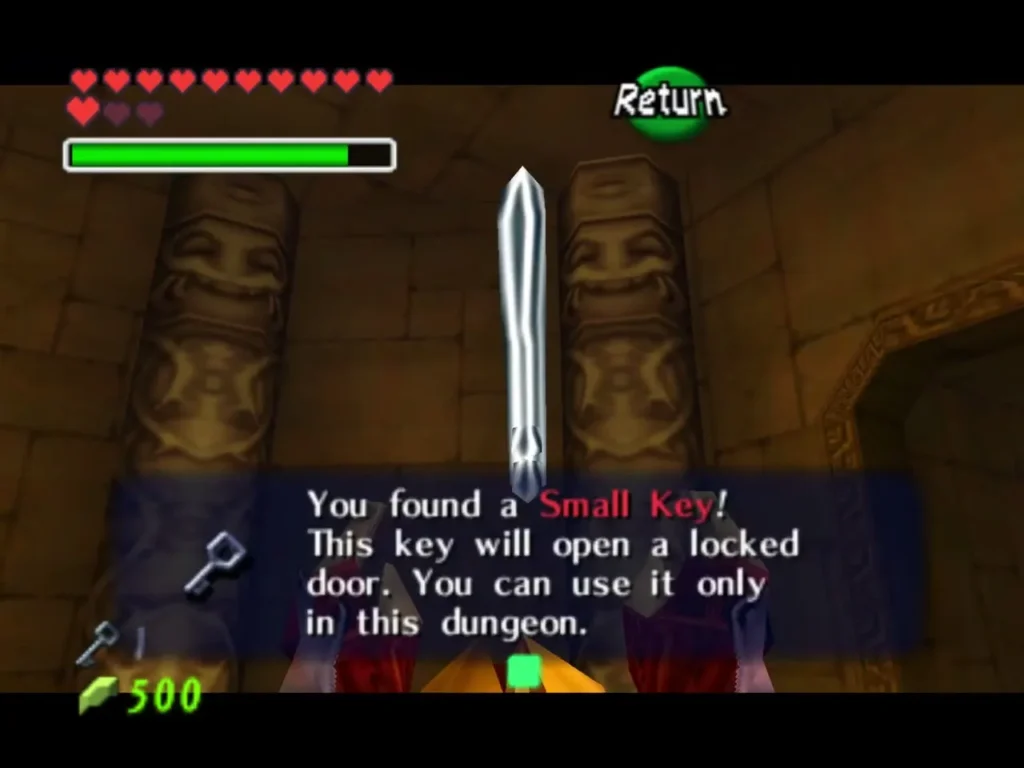 Link holding up a silver Small Key with its item message in the Spirit Temple Link holding up a silver Small Key with its item message in the Spirit Temple