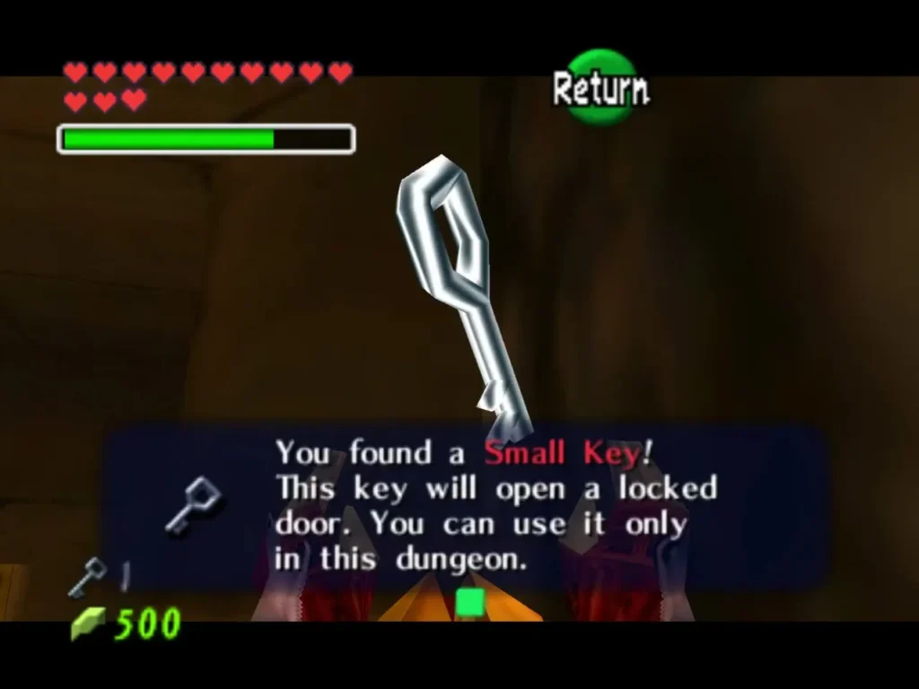 Link holding up the Small Key, with its name box in the Spirit Temple Link holding up the Small Key, with its name box in the Spirit Temple