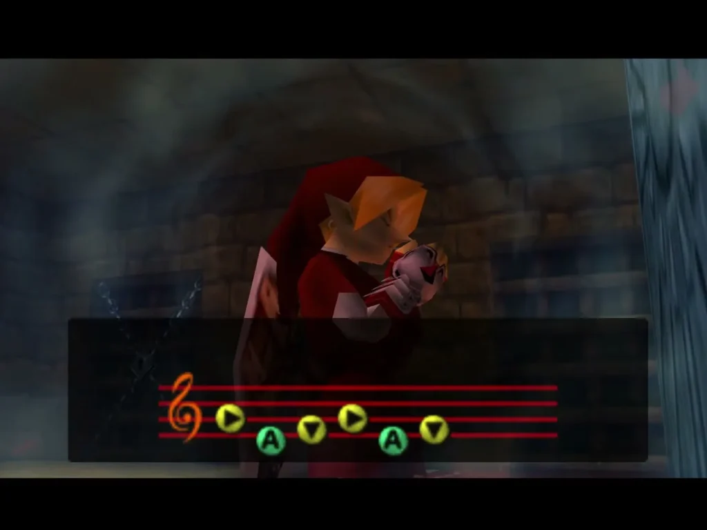 Adult Link playing the Song of Time on the ocarina in the Spirit Temple Adult Link playing the Song of Time on the ocarina in the Spirit Temple