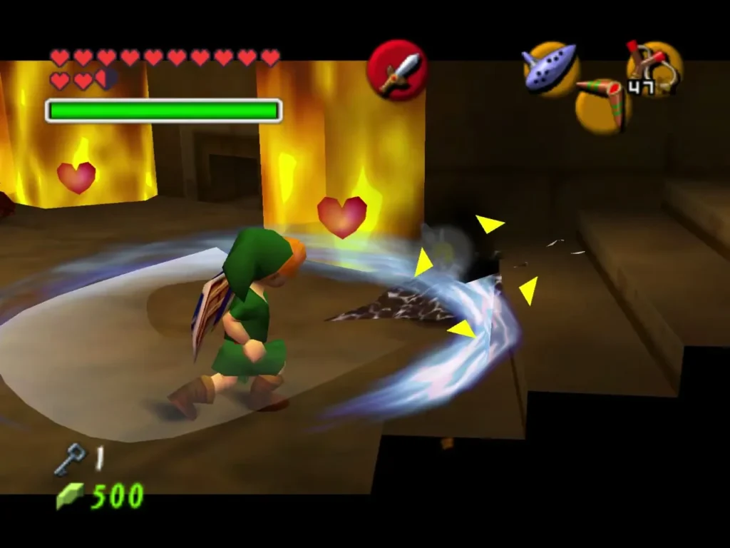Link spin attacking near a Torch Slug with hearts behind the fire walls Link spin attacking near a Torch Slug with hearts behind the fire walls