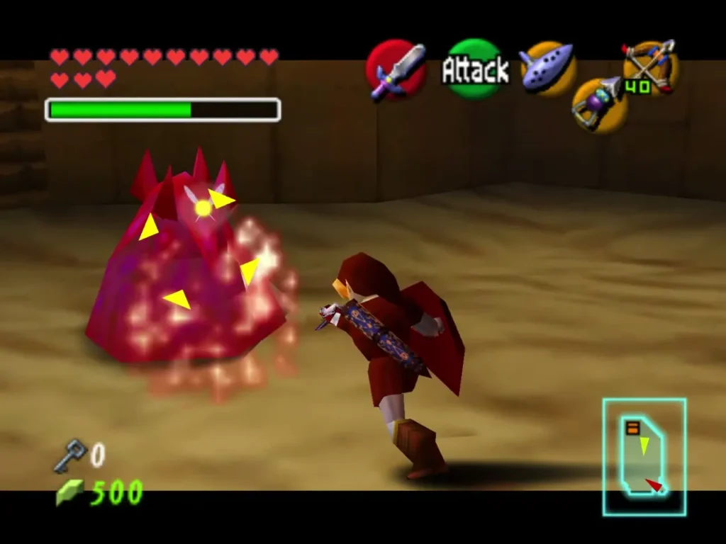 Link facing a large red Leever in the sand pit of the Spirit Temple Link facing a large red Leever in the sand pit of the Spirit Temple