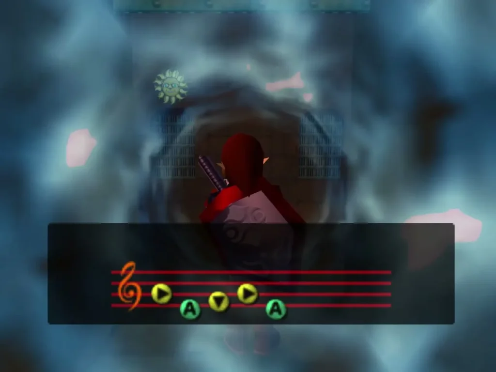 Link playing a melody in a swirling blue warp in the Spirit Temple hall Link playing a melody in a swirling blue warp in the Spirit Temple hall