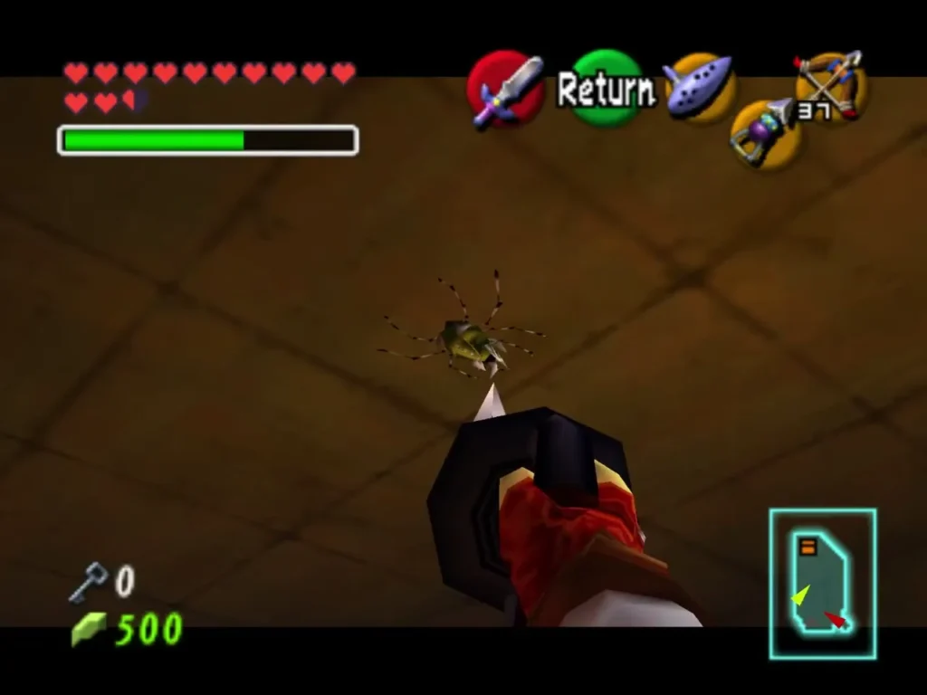 A Skulltula clinging to the ceiling above Link in a Spirit Temple room A Skulltula clinging to the ceiling above Link in a Spirit Temple room