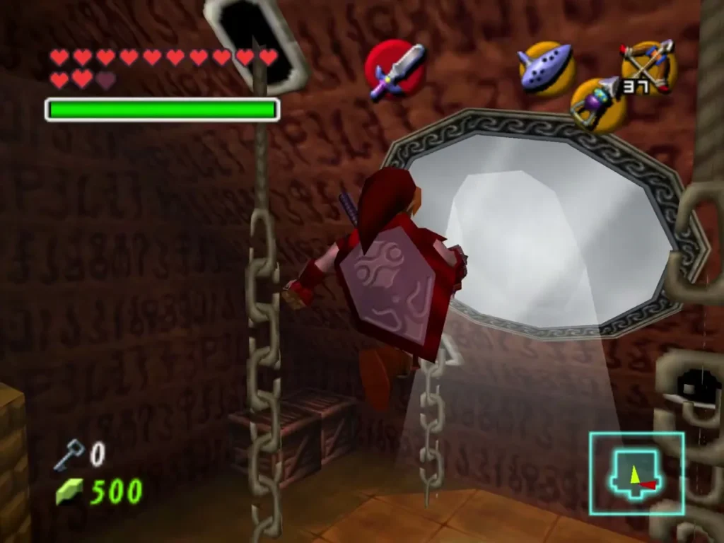 Link holding a Mirror Shield beside a hanging mirror that throws light in a Spirit Temple room Link holding a Mirror Shield beside a hanging mirror that throws light in a Spirit Temple room