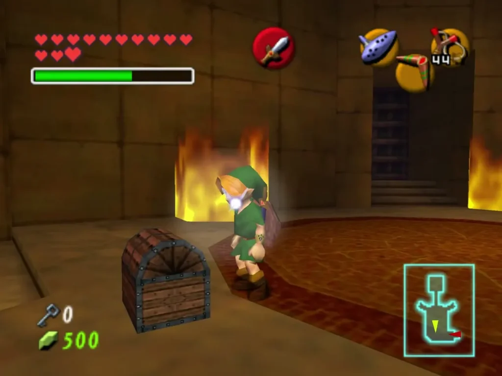 Child Link beside a closed wooden chest in a fire-lit Spirit Temple room Child Link beside a closed wooden chest in a fire-lit Spirit Temple room
