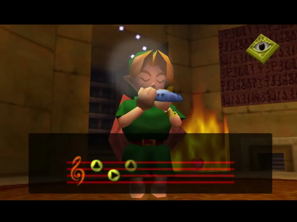 Child Link playing an ocarina beside fire in the Spirit Temple Child Link playing an ocarina beside fire in the Spirit Temple