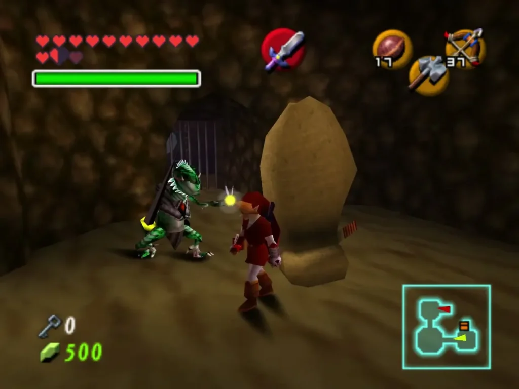 Link facing a green Dinalfos in a stone chamber of the Spirit Temple Link facing a green Dinalfos in a stone chamber of the Spirit Temple