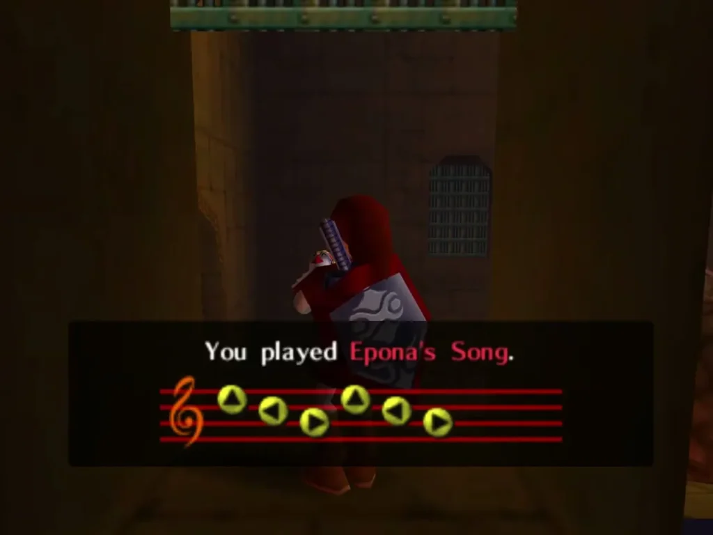 Link playing Epona's Song beside a barred window in the Spirit Temple hall Link playing Epona's Song beside a barred window in the Spirit Temple hall