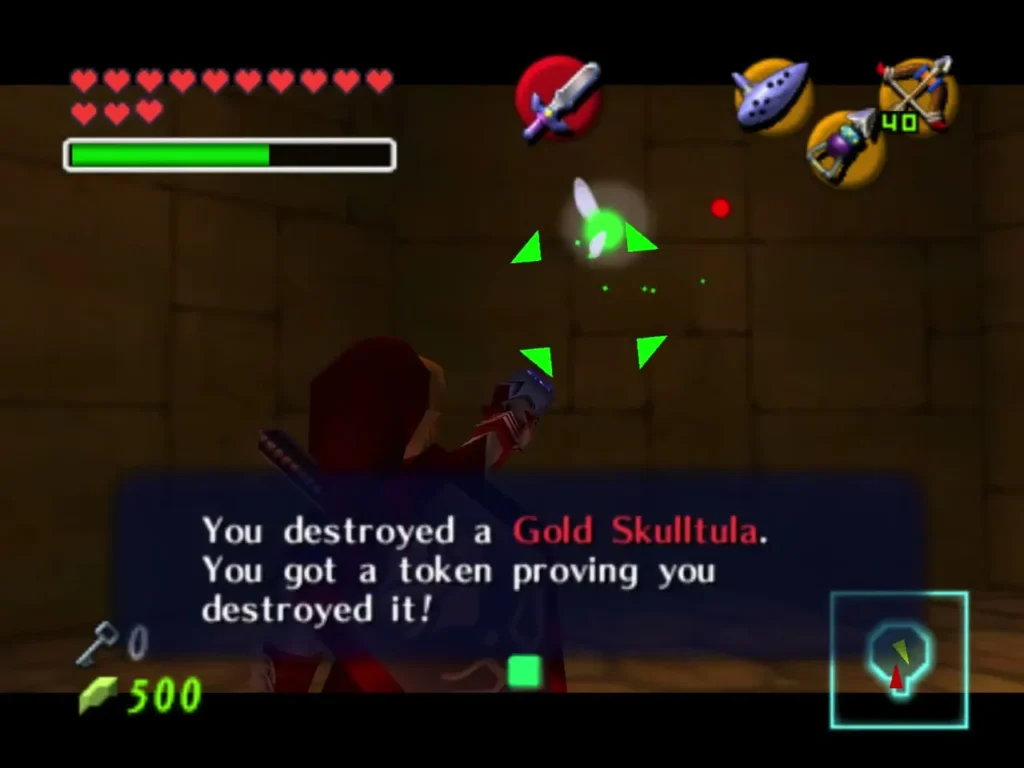 Link holding up the Gold Skulltula token box after destroying a Skulltula in the Spirit Temple Link holding up the Gold Skulltula token box after destroying a Skulltula in the Spirit Temple