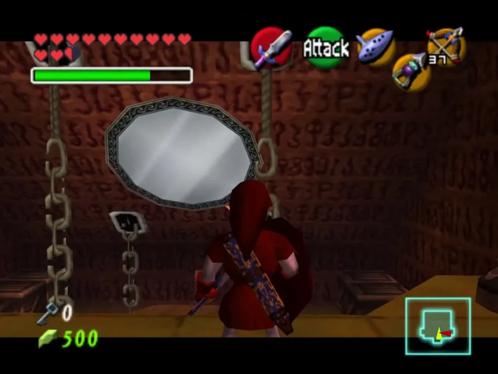 A round mirror hanging from chains on a hieroglyph wall in the Spirit Temple A round mirror hanging from chains on a hieroglyph wall in the Spirit Temple
