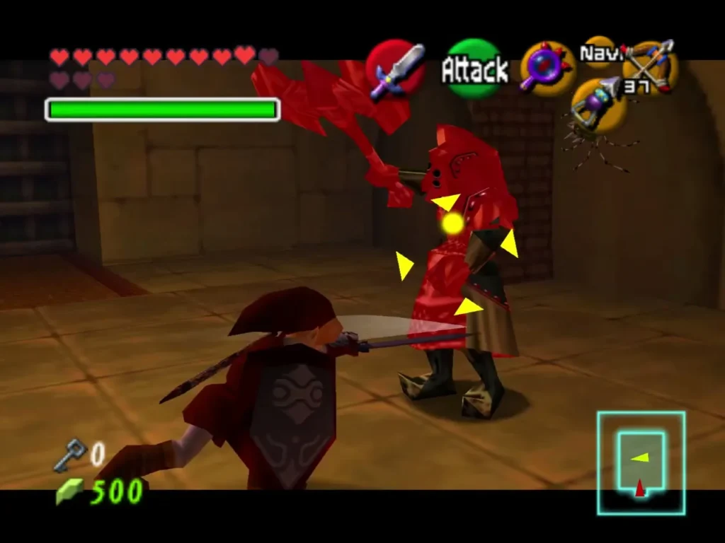 Link slashing at a red-armored Iron Knuckle in the Spirit Temple Link slashing at a red-armored Iron Knuckle in the Spirit Temple