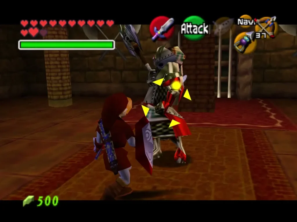 Link fighting an Iron Knuckle with Koume and Kotake nearby in the Spirit Temple Link fighting an Iron Knuckle with Koume and Kotake nearby in the Spirit Temple