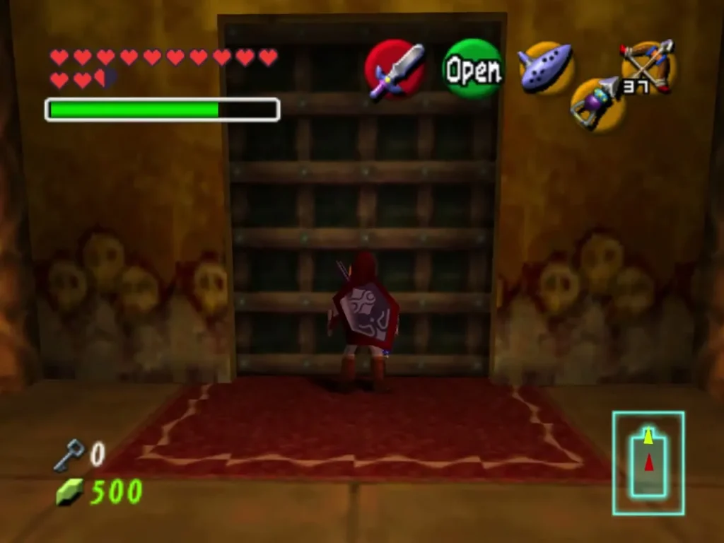Link facing a locked barred door with skull carvings in the Spirit Temple Link facing a locked barred door with skull carvings in the Spirit Temple