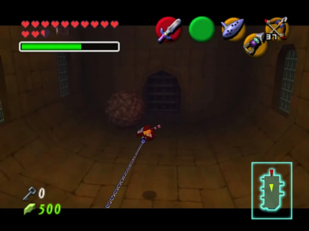 Link aiming the Longshot chain toward the far wall of a Spirit Temple room Link aiming the Longshot chain toward the far wall of a Spirit Temple room