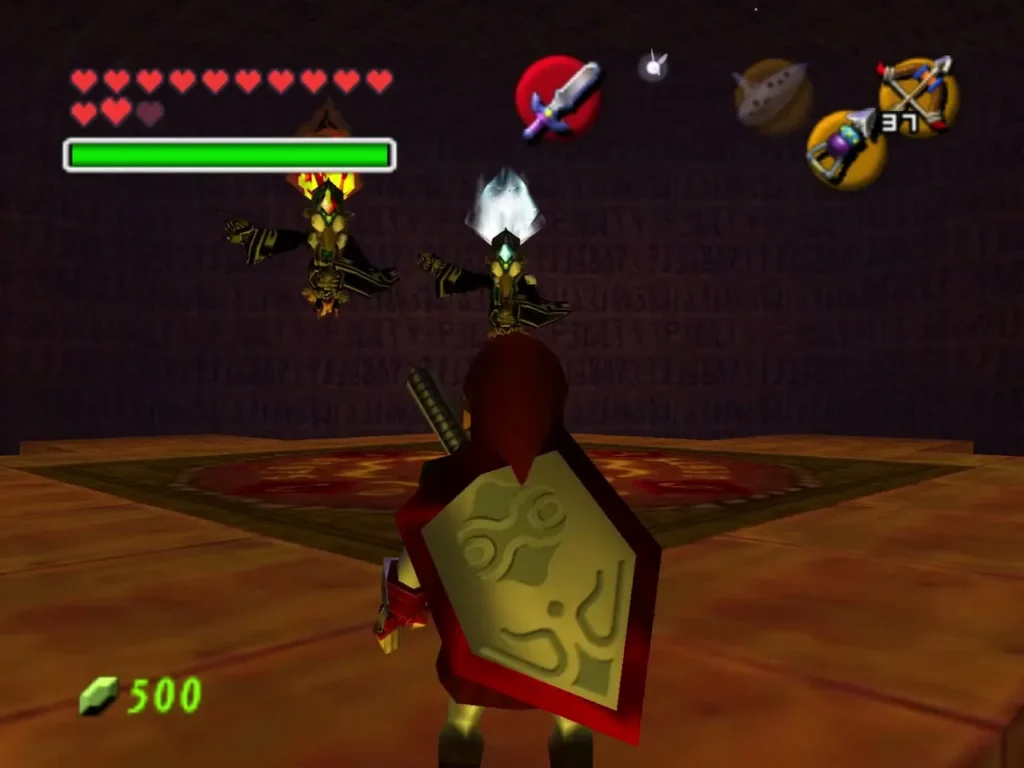 Link raising the Mirror Shield toward the two witch sisters in the Spirit Temple arena Link raising the Mirror Shield toward the two witch sisters in the Spirit Temple arena