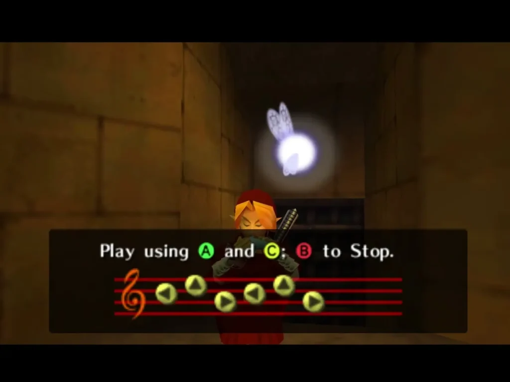 Link playing a melody on the ocarina in a narrow corridor of the Spirit Temple Link playing a melody on the ocarina in a narrow corridor of the Spirit Temple