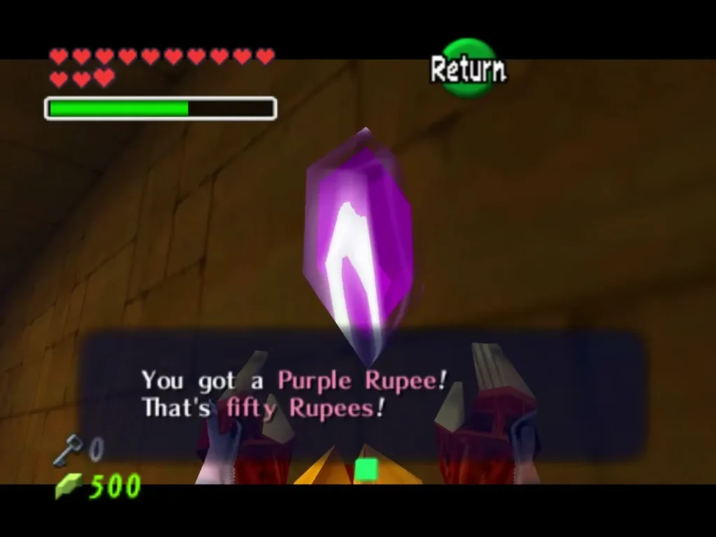 Link holding up a Purple Rupee with its item message in the sand pit Link holding up a Purple Rupee with its item message in the sand pit