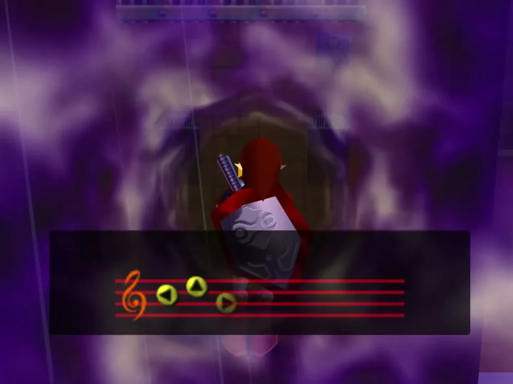 Link playing a melody in a swirling purple warp in the Spirit Temple hall Link playing a melody in a swirling purple warp in the Spirit Temple hall