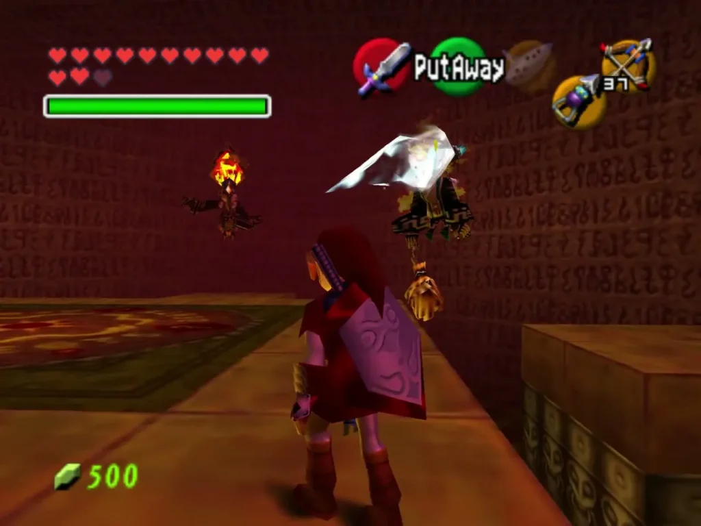 Link holding the Mirror Shield as fire and ice fly back at the sisters Link holding the Mirror Shield as fire and ice fly back at the sisters
