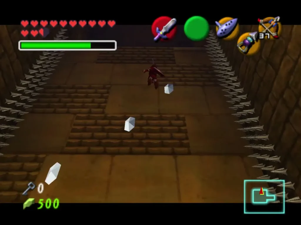 Link in a spiked corridor with silver rupees scattered across the floor Link in a spiked corridor with silver rupees scattered across the floor