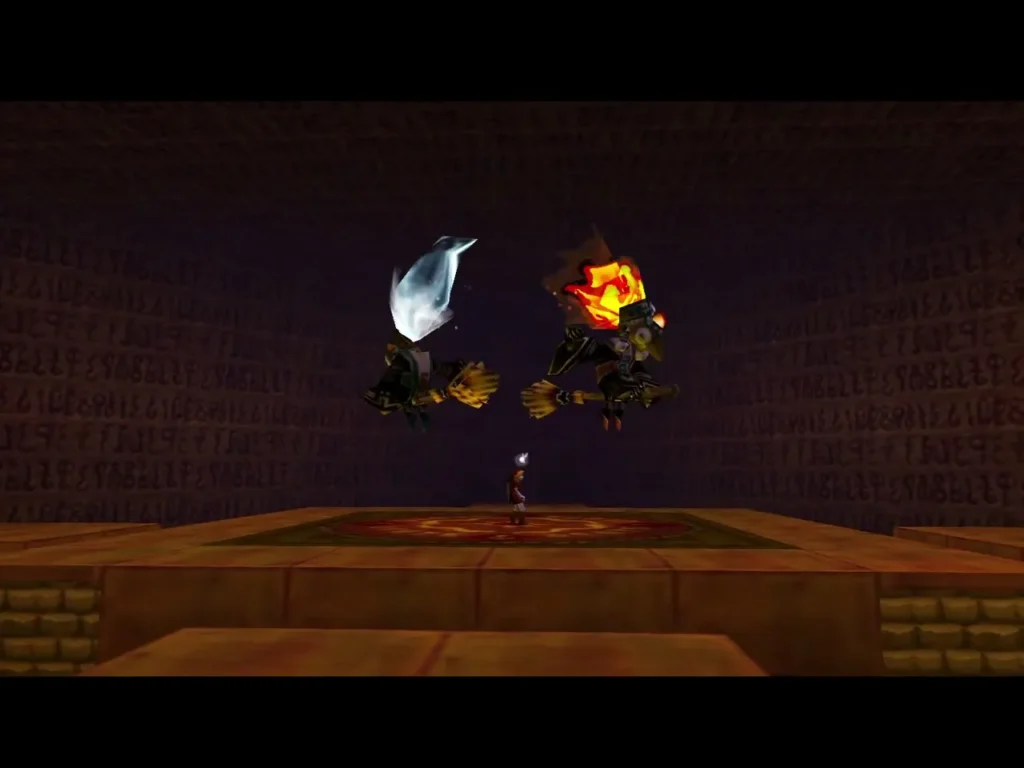 The two sorceress sisters hover over the arena, one with fire and one with ice The two sorceress sisters hover over the arena, one with fire and one with ice