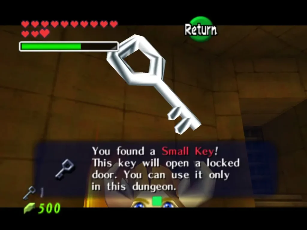 Child Link holding up a Small Key with its item message in the fire-lit room Child Link holding up a Small Key with its item message in the fire-lit room