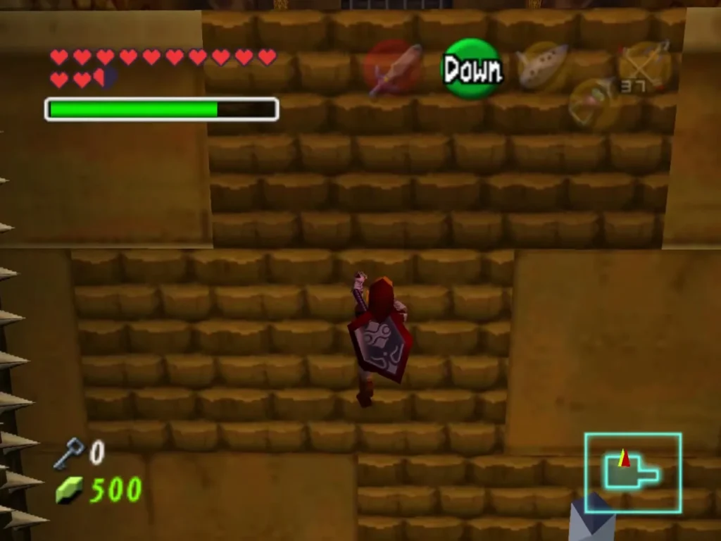 Link climbing a stepped wall lined with spikes in the Spirit Temple Link climbing a stepped wall lined with spikes in the Spirit Temple