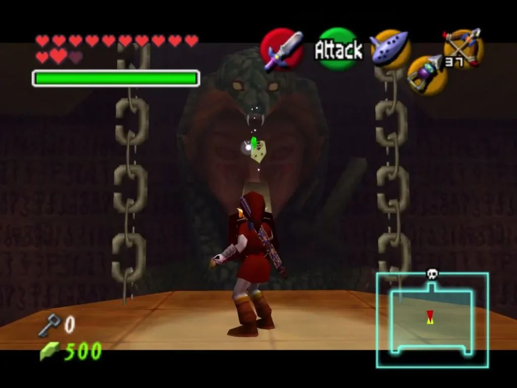 Link facing a stone statue face between chains in the Spirit Temple Link facing a stone statue face between chains in the Spirit Temple