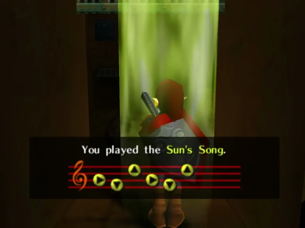 Link playing the Sun's Song in a green light beam in the Spirit Temple hall Link playing the Sun's Song in a green light beam in the Spirit Temple hall