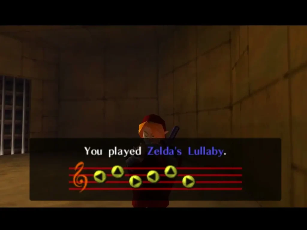 Link playing Zelda's Lullaby in a barred alcove of the Spirit Temple Link playing Zelda's Lullaby in a barred alcove of the Spirit Temple