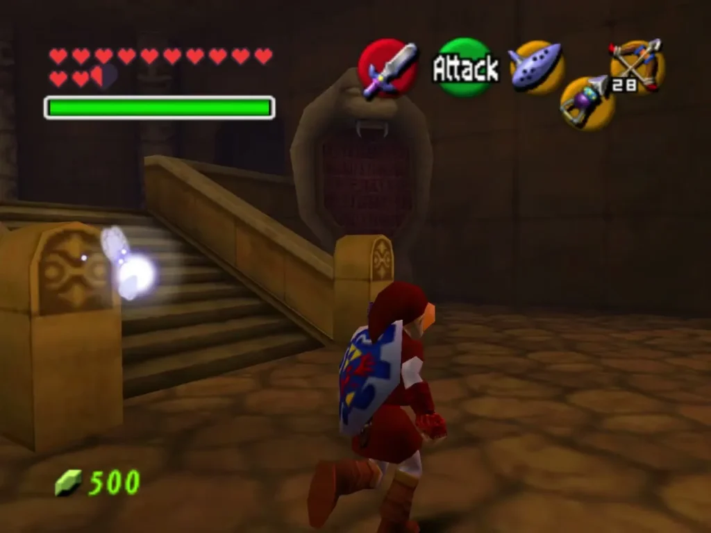Adult Link running past the stairs and snake statue in the entry hall Adult Link running past the stairs and snake statue in the entry hall