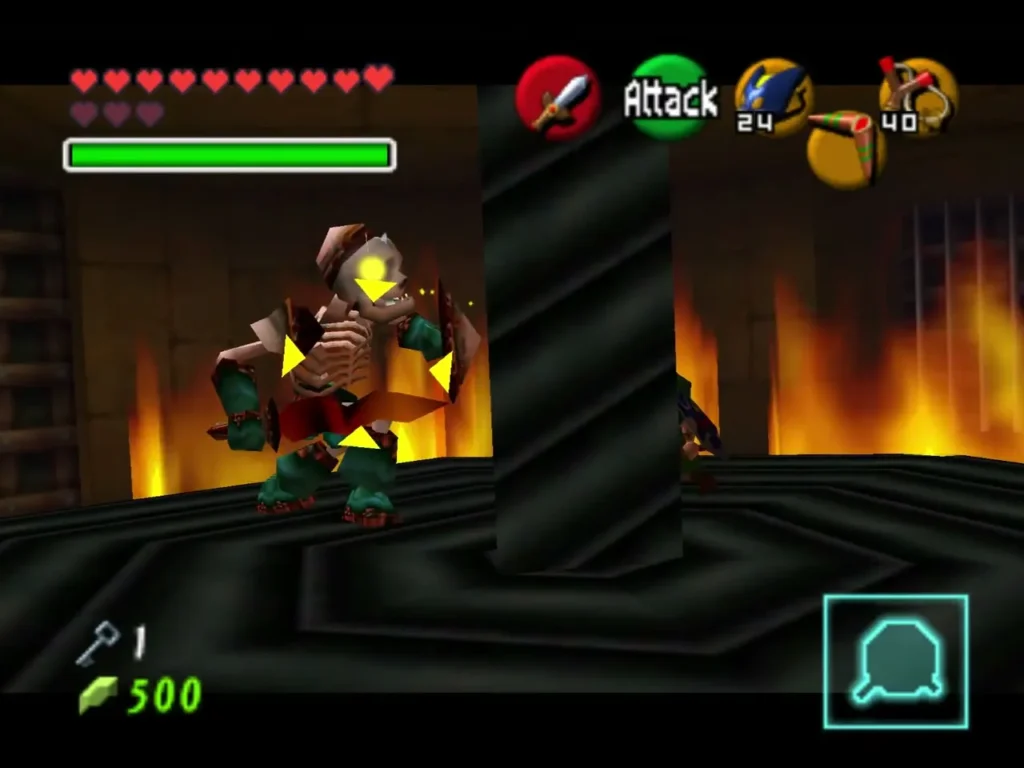 Stalfos standing on the spinning platform surrounded by fire Stalfos standing on the spinning platform surrounded by fire